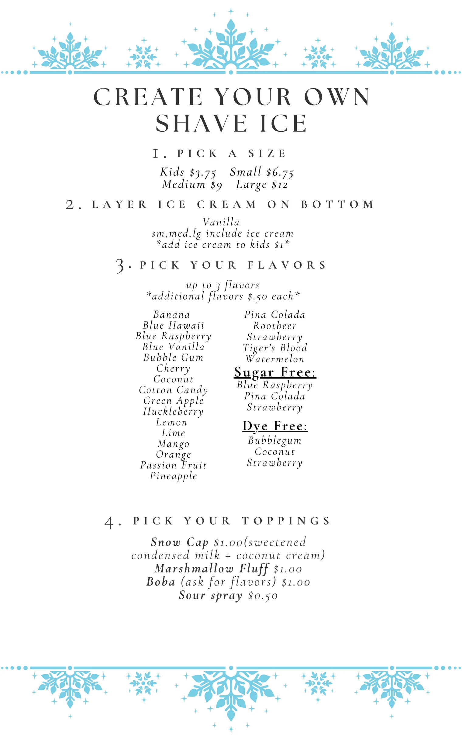 Ice Ice Shavey build-your-own shave ice menu with sizes, flavors, and toppings.