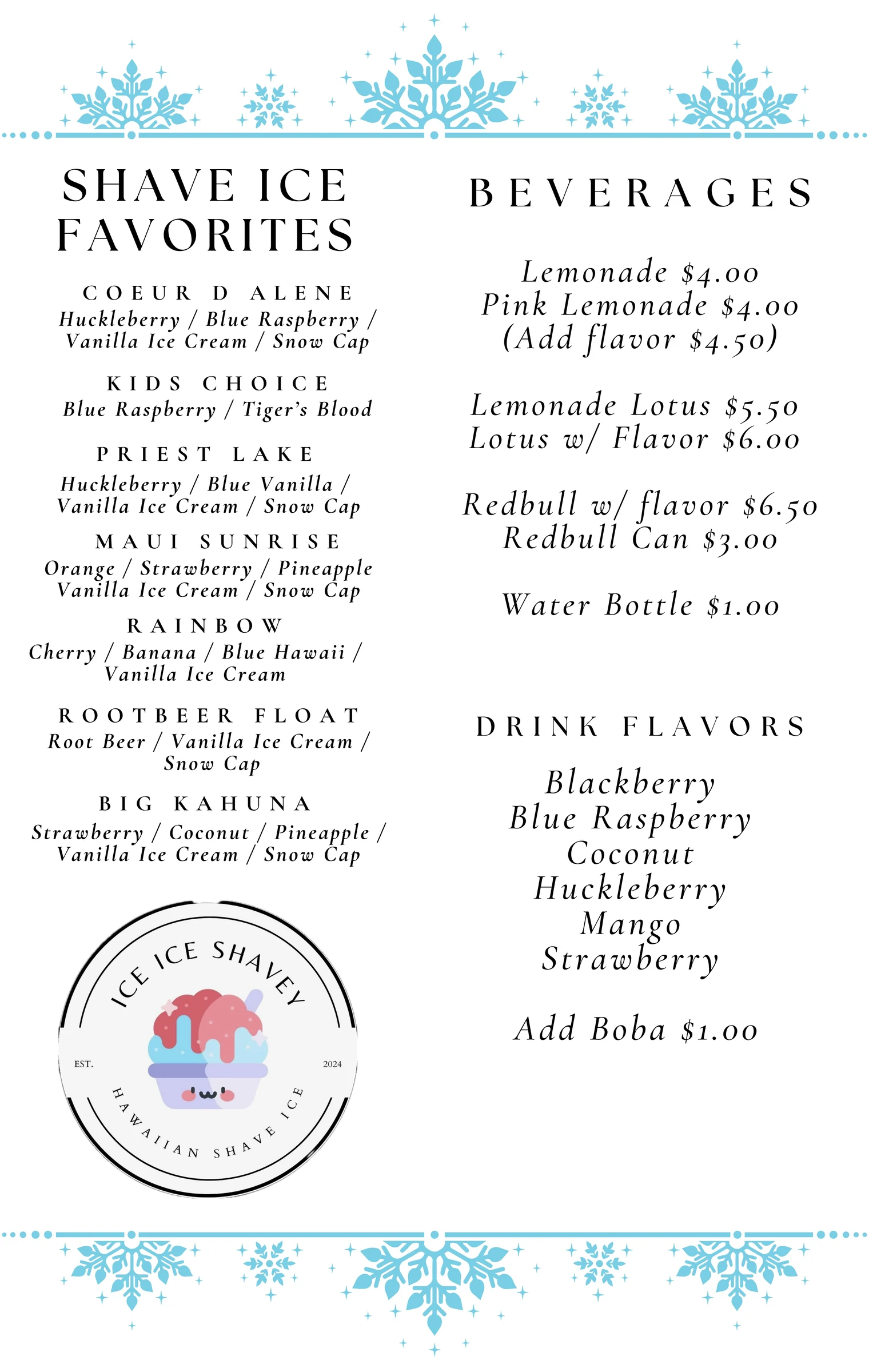 Ice Ice Shavey menu showing signature shave ice combos and beverages.